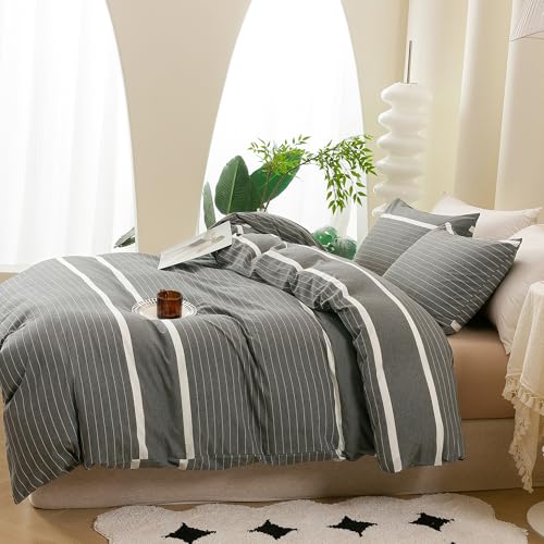 ECOCOTT غطاء لحاف ECOCOTT 3 قطع بحجم كوين، 100% قطن مغسول، 1 غطاء لحاف بسحاب و2 غطاء وسادة، ناعم للغاية وسهل العناية، مجموعة سرير مريحة بسيطة بأسلوب عصري (رمادي مخطط) - Image 5
