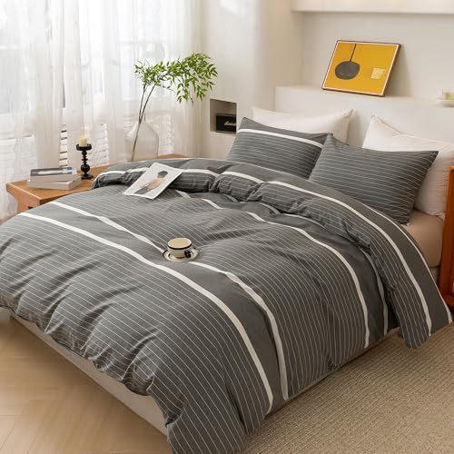 ECOCOTT غطاء لحاف ECOCOTT 3 قطع بحجم كوين، 100% قطن مغسول، 1 غطاء لحاف بسحاب و2 غطاء وسادة، ناعم للغاية وسهل العناية، مجموعة سرير مريحة بسيطة بأسلوب عصري (رمادي مخطط) - Image 4