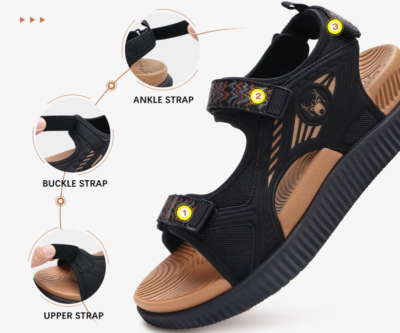 KuaiLu Womens Orthopedic Walking Sandals Comfortable Plantar Fasciitis Arch Support Summer Outdoor Travel Outfits Platform Cushion Shoes Athletic Sport Recovery Adjustable Strap Black Khaki Size 9 - Image 5