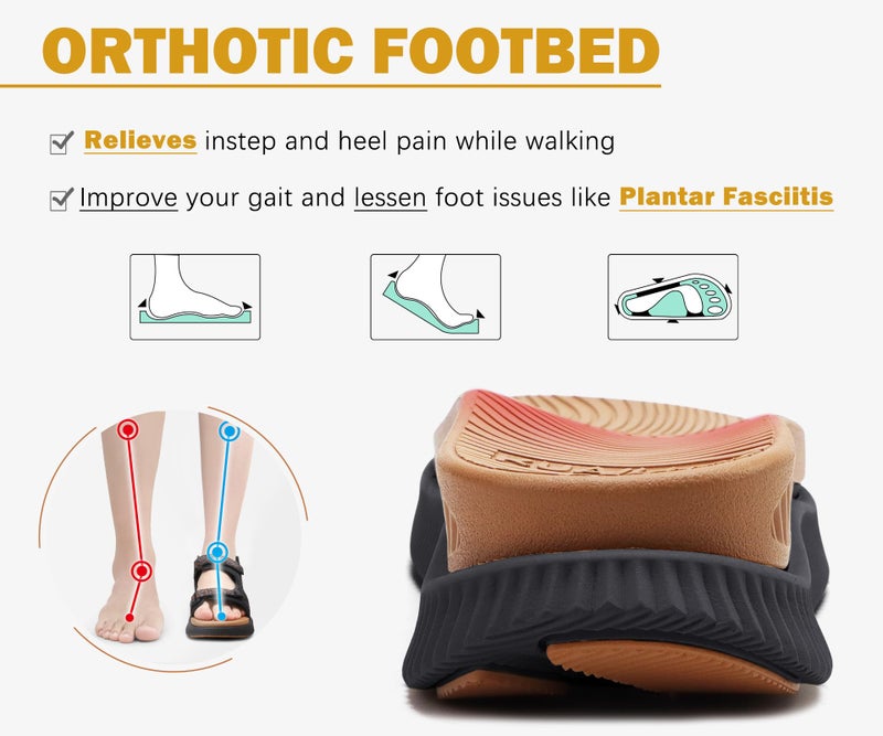 KuaiLu Womens Orthopedic Walking Sandals Comfortable Plantar Fasciitis Arch Support Summer Outdoor Travel Outfits Platform Cushion Shoes Athletic Sport Recovery Adjustable Strap Black Khaki Size 9 - Image 4