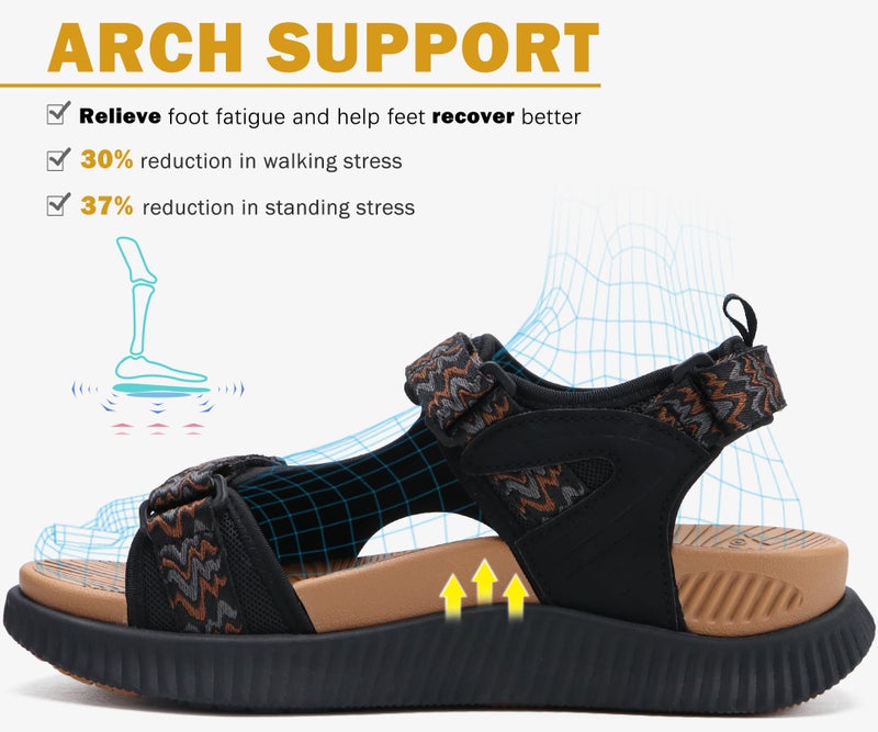 KuaiLu Womens Orthopedic Walking Sandals Comfortable Plantar Fasciitis Arch Support Summer Outdoor Travel Outfits Platform Cushion Shoes Athletic Sport Recovery Adjustable Strap Black Khaki Size 9 - Image 3