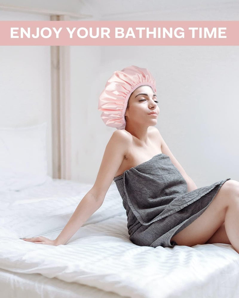 Aquior Shower Cap,Triple Layer Shower Cap for Women, Reusable Waterproof Bath Cap,Silky Satin Outer Layer Terry Lining, Extra Large for Women Long Hair(Pink) - Image 5