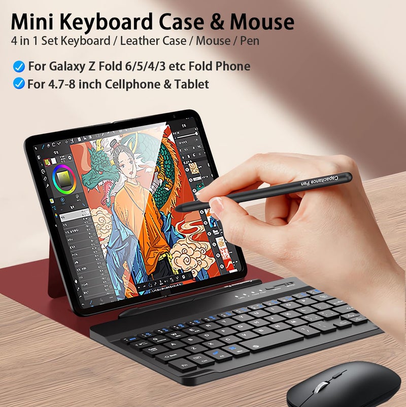 voppton for Samsung Galaxy Z Fold 7 6 5 Keyboard and Mouse, Portable Mini 7.9 inch Bluetooth Keyboard with Leather Case and Capacitive Pen, 4 in 1 Set for Z Trifold Fold7 Accessories - Image 2