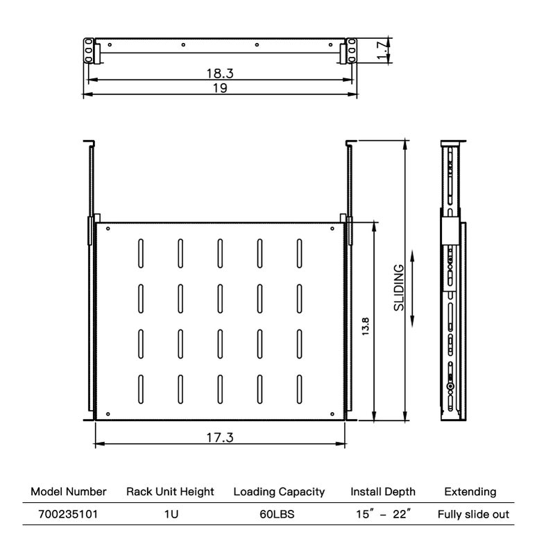 Raising Electronics Sliding Rack Server Shelf 1U 19'' 4 Post Rack Mount-Adjustable 15''-22'' - Image 3