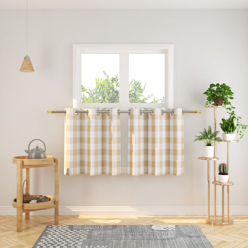 NATUS WEAVER Tier Curtains 24 inches Long Buffalo Check Gingham Plaid Kitchen Window Curtain Panels Bathroom Grommet Top Window Treatment 2 Panels Beige and White - Image 1