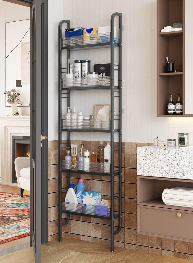 UMDONX Behind The Door Bathroom Shelf Narrow 5-Tier, Slim Space-Saving Storage Shelf, Freestanding Narrow Shelving Unit for Bathroom, Kitchen, Closet and Laundry Room Black - Image 1