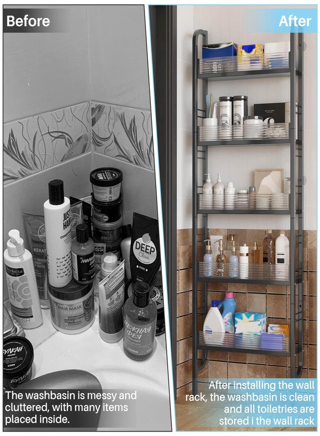 UMDONX Behind The Door Bathroom Shelf Narrow 5-Tier, Slim Space-Saving Storage Shelf, Freestanding Narrow Shelving Unit for Bathroom, Kitchen, Closet and Laundry Room Black - Image 4