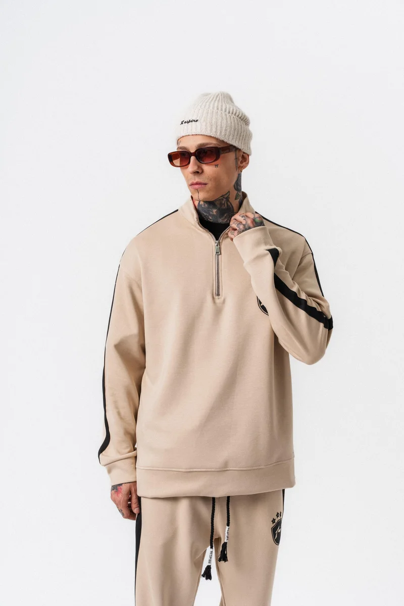 RESPIRE Men's Striped Modal Half-Zip Sweatshirt Beige