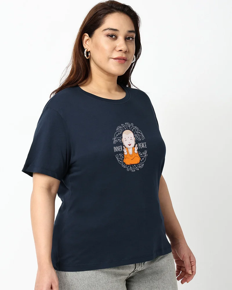 bewakoof Women's Navy Blue Inner Peace Graphic Printed Plus Size T-shirt