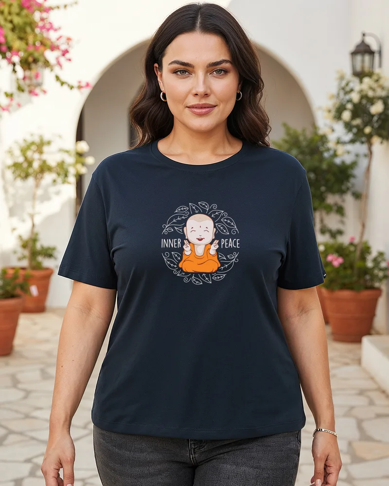 بيواكوف Women's Navy Blue Inner Peace Graphic Printed Plus Size T-shirt