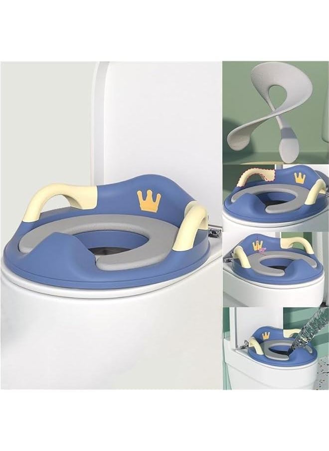 MIXDE Baby Potty Training Seat for Boys and Girls With Handles,Detachable PU Padded Cushion Safe Handle Baby Splash Guard for Round Oval Toilet (Blue)  - Image 1