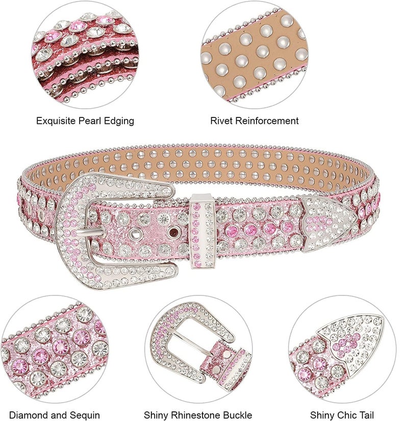 Xpvezl Studded Rhinestone Belts for Women& Men - Bling Pink Leather Western Wide Belt, Cowgirl Cowboy Style with Sparkling Stones, Studded Design, Ideal Gifts for Festivals, Christmas, Parties(Pink, M) - Image 3