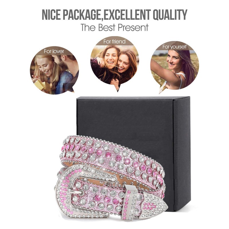 Xpvezl Studded Rhinestone Belts for Women& Men - Bling Pink Leather Western Wide Belt, Cowgirl Cowboy Style with Sparkling Stones, Studded Design, Ideal Gifts for Festivals, Christmas, Parties(Pink, M) - Image 5