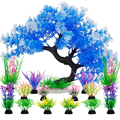 MyLifeUNIT Fish Tank Decorations 15 Pack Artificial Aquarium Plants Tree Set for Fish Tank Decor Bule Set - Image 1