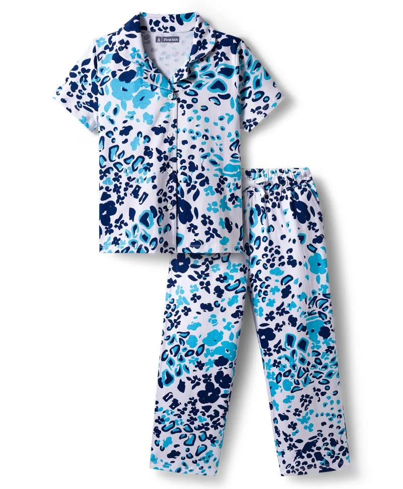 Pine Kids Pine Kids Single Jersey Knit Half Sleeves Co-ord Pyjama Set with Leopard Print - White