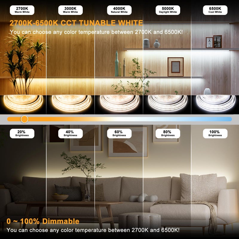 PAUTIX COB LED Strip Light White CCT Tunable 1920LEDs Super Bright,9.84ft Dimmable 2700K-6500K 24V LED Tape Light with UL-Listed Power Supply,for Under Cabinet Bedroom Kitchen TV Mirror DIY Lighting - Image 2