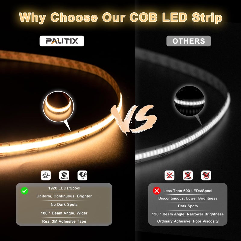 PAUTIX COB LED Strip Light White CCT Tunable 1920LEDs Super Bright,9.84ft Dimmable 2700K-6500K 24V LED Tape Light with UL-Listed Power Supply,for Under Cabinet Bedroom Kitchen TV Mirror DIY Lighting - Image 5