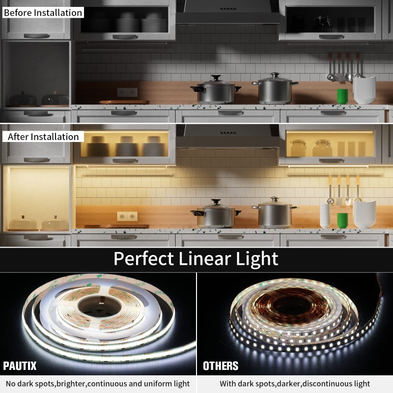 PAUTIX COB LED Strip Light White CCT Tunable 1920LEDs Super Bright,9.84ft Dimmable 2700K-6500K 24V LED Tape Light with UL-Listed Power Supply,for Under Cabinet Bedroom Kitchen TV Mirror DIY Lighting - Image 3