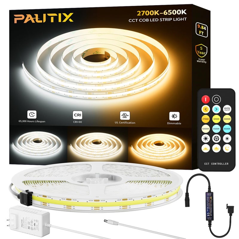 PAUTIX COB LED Strip Light White CCT Tunable 1920LEDs Super Bright,9.84ft Dimmable 2700K-6500K 24V LED Tape Light with UL-Listed Power Supply,for Under Cabinet Bedroom Kitchen TV Mirror DIY Lighting - Image 1