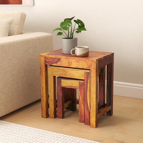 TANWAR HANDICRAFT TANWAR HANDICRAFT Sheesham Wood Nesting Table Set of 3 Pieces Stool for Living Room Nesting Stool Sheesham Wooden Stools Nesting Table Set of 3 Pieces  - Image 2