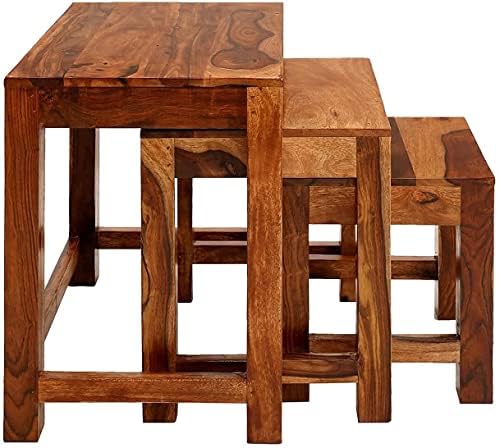 TANWAR HANDICRAFT TANWAR HANDICRAFT Sheesham Wood Nesting Table Set of 3 Pieces Stool for Living Room Nesting Stool Sheesham Wooden Stools Nesting Table Set of 3 Pieces  - Image 3