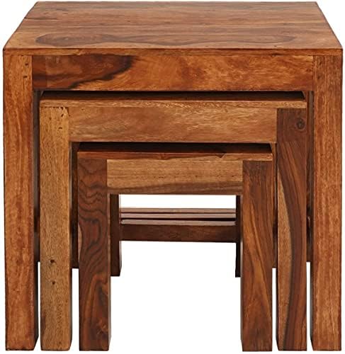 TANWAR HANDICRAFT TANWAR HANDICRAFT Sheesham Wood Nesting Table Set of 3 Pieces Stool for Living Room Nesting Stool Sheesham Wooden Stools Nesting Table Set of 3 Pieces  - Image 1