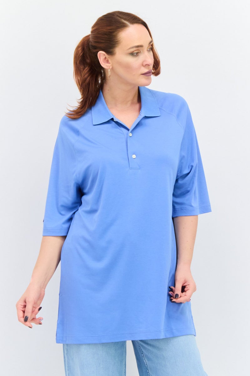 Greg Norman Women Spread Neck Short Sleeves Plain Polo Shirt, Blue - Image 1