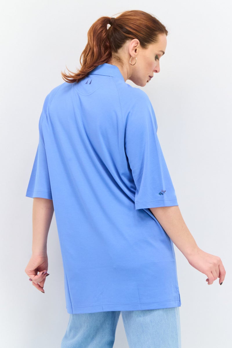 Greg Norman Women Spread Neck Short Sleeves Plain Polo Shirt, Blue - Image 3