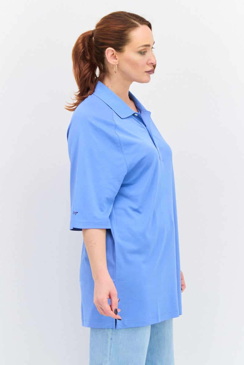 Greg Norman Women Spread Neck Short Sleeves Plain Polo Shirt, Blue - Image 4