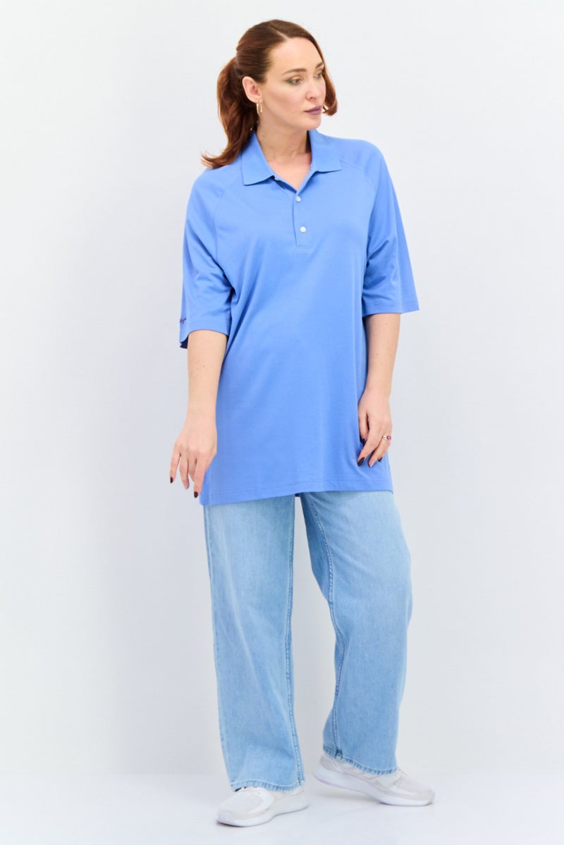 Greg Norman Women Spread Neck Short Sleeves Plain Polo Shirt, Blue - Image 2