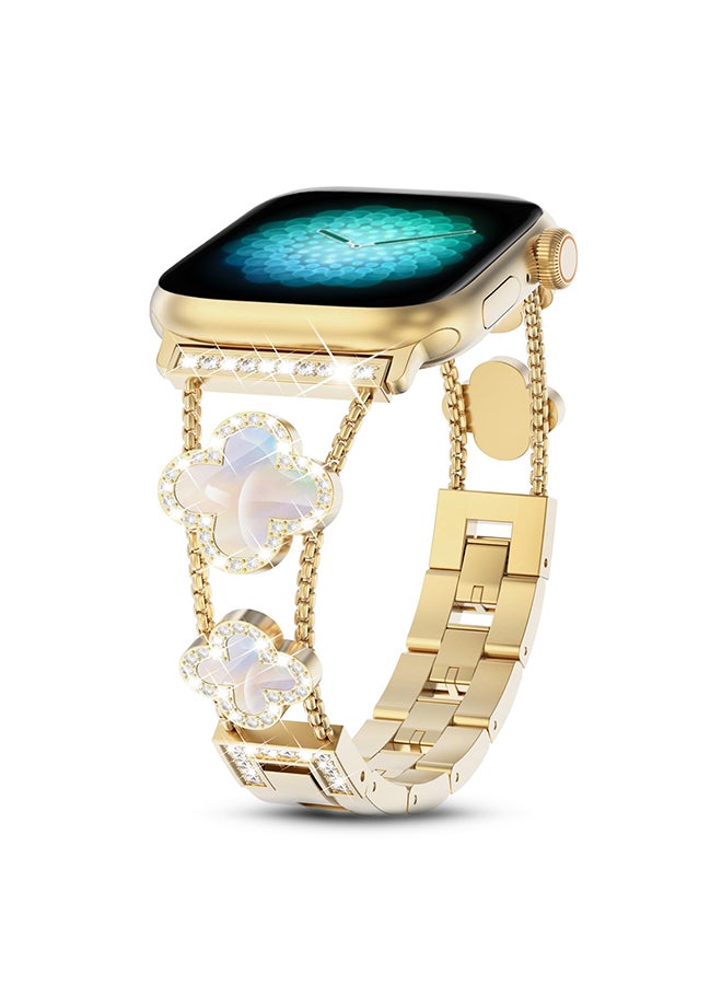 O Ozone Metal Watch Band For Apple Watch Series 10 9 8 7 6 5 4 SE, 38/40/41/42mm Sparkle Diamond Cute 4 Leaf Clover Dressy Band Women -Gold - Image 1