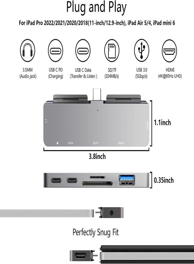 موزع NXPGKEA USB-C لأجهزة iPad Pro M4/M2/M1 مقاس 13/11/12.9 بوصة، وiPad Air 5، محول 7 في 1 لأجهزة iPad Pro مزود بمنفذ HDMI بدقة 4K بتردد 60 هرتز، ومنفذ سماعة رأس 3.5 ملم، ومنفذ USB 3.0، وشحن ونقل بيانات USB-C PD، ومنفذ سماعة أذن USB-C، وقارئ بطاقات SD/Micro SD - Image 2