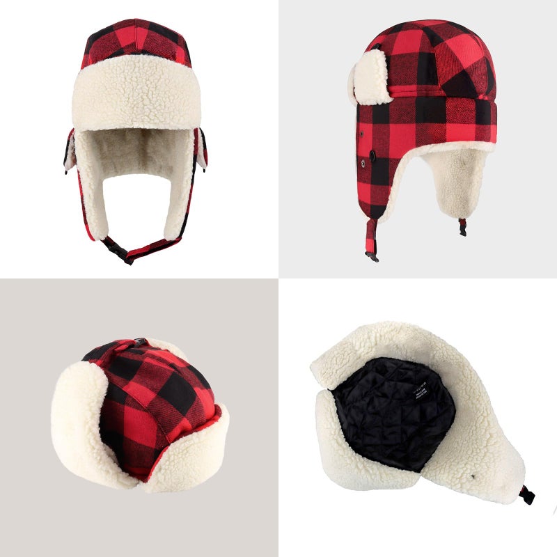 CHOK.LIDS Lumberjack Plaid Winter Trapper Unisex Premium Extra Strength Sherpa Ear Flap Chin Strap Cold Weather Outdoor Hat (Red) - Image 2