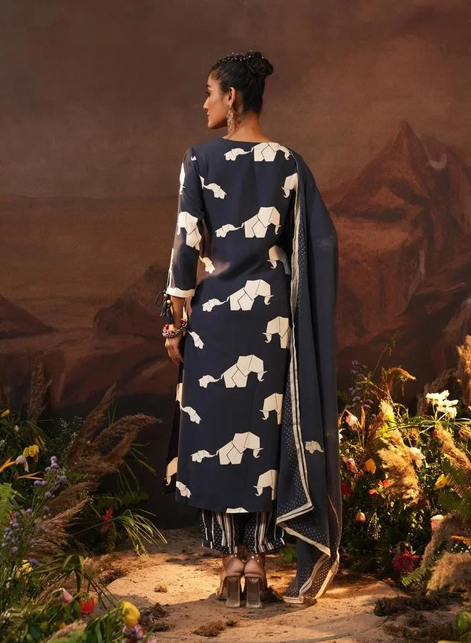 ISHIN Women's Navy Rayon Printed Tunic Upper Calf Length Palazzo Bottom Straight Fit 3 Peice Kurta Set