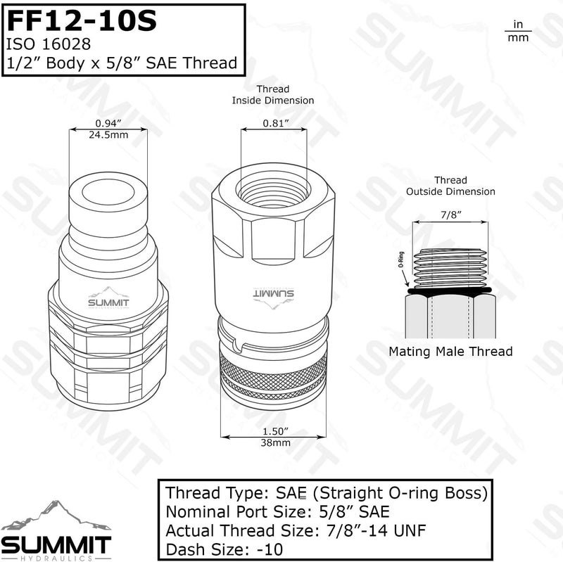 Summit Hydraulics 5/8 SAE -10 Flat Face Quick Connect Couplers Set with Dust Caps - Image 2