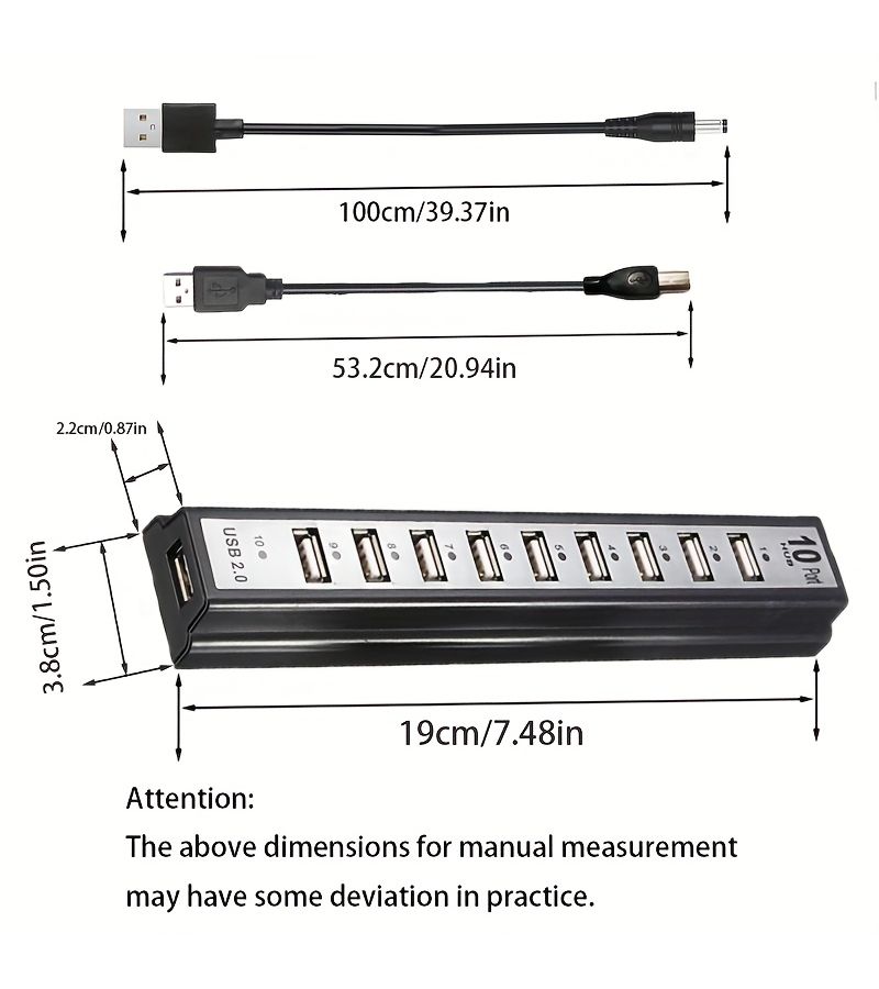 محور USB 2.0 مدعوم بالطاقة 10 منافذ مزود بمصدر طاقة مستقر 2 أمبير - Image 2