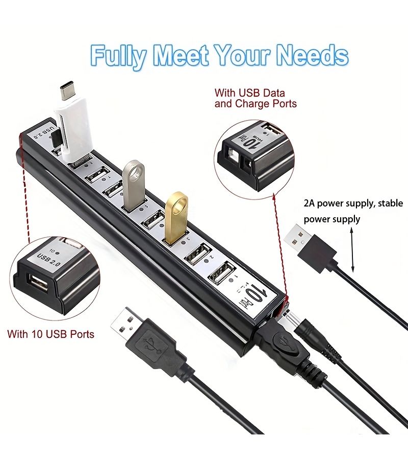 محور USB 2.0 مدعوم بالطاقة 10 منافذ مزود بمصدر طاقة مستقر 2 أمبير - Image 4