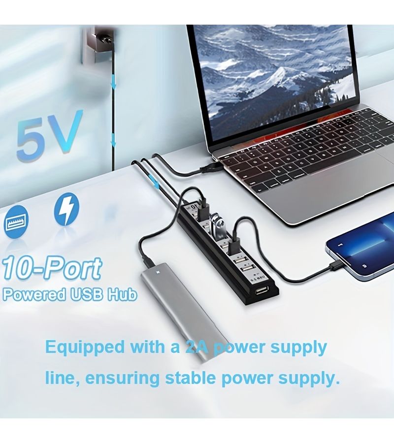 محور USB 2.0 مدعوم بالطاقة 10 منافذ مزود بمصدر طاقة مستقر 2 أمبير - Image 3