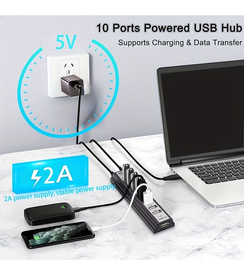 محور USB 2.0 مدعوم بالطاقة 10 منافذ مزود بمصدر طاقة مستقر 2 أمبير - Image 5