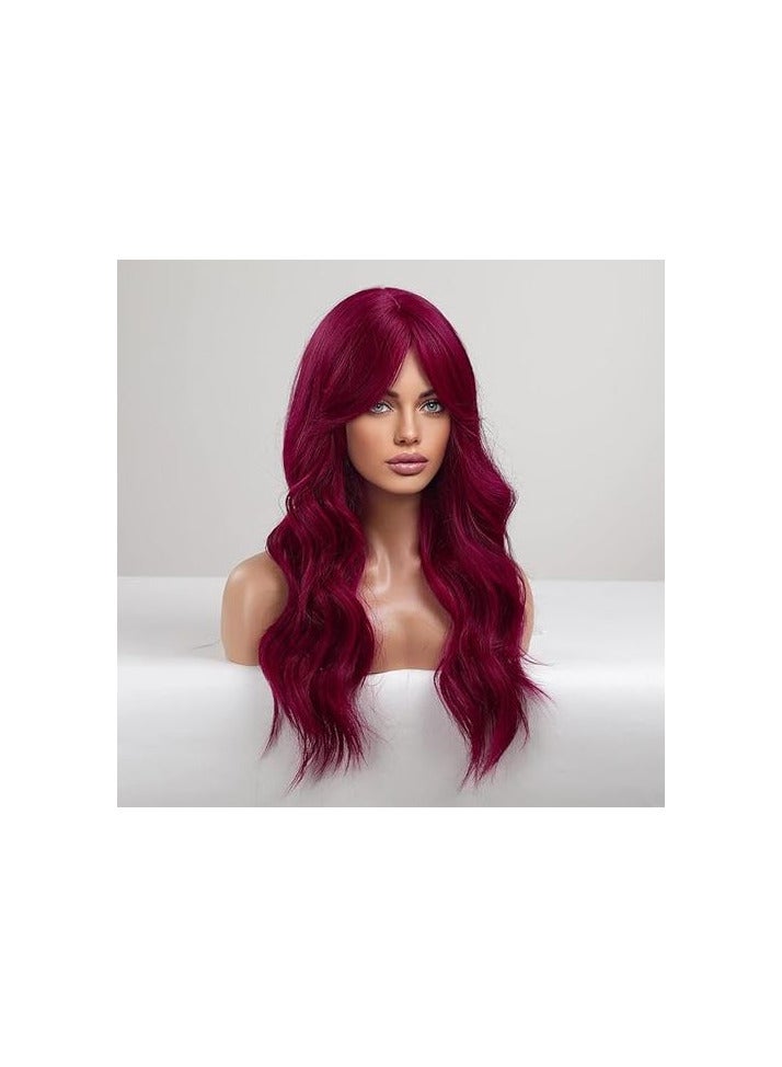 باروكة شعر صناعي طويل مموج باللون الاحمر الشعر الحراري