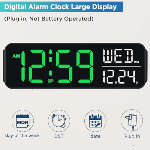 Peakeep Large Display Digital Alarm Clock for Bedrooms, Date Day of Week Desk Table Clocks for Living Room Office, Dimmable Plug in Electric Clock, 5 Volumes, Loud, Auto DST - Image 2