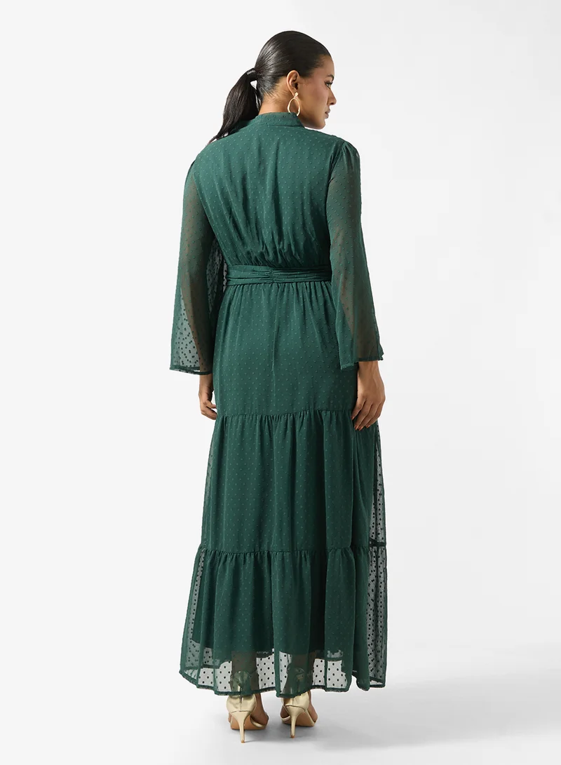 Khizana  Plus Size A-line Tiered Dress With Neck Tie Detail for Women | Best Price UAE