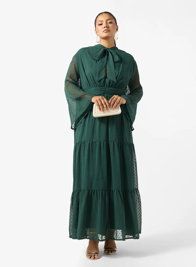 Khizana  Plus Size A-line Tiered Dress With Neck Tie Detail for Women | Best Price UAE