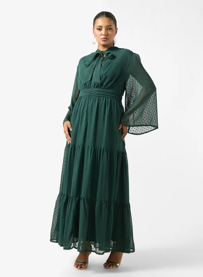 Plus Size A-line Tiered Dress With Neck Tie Detail