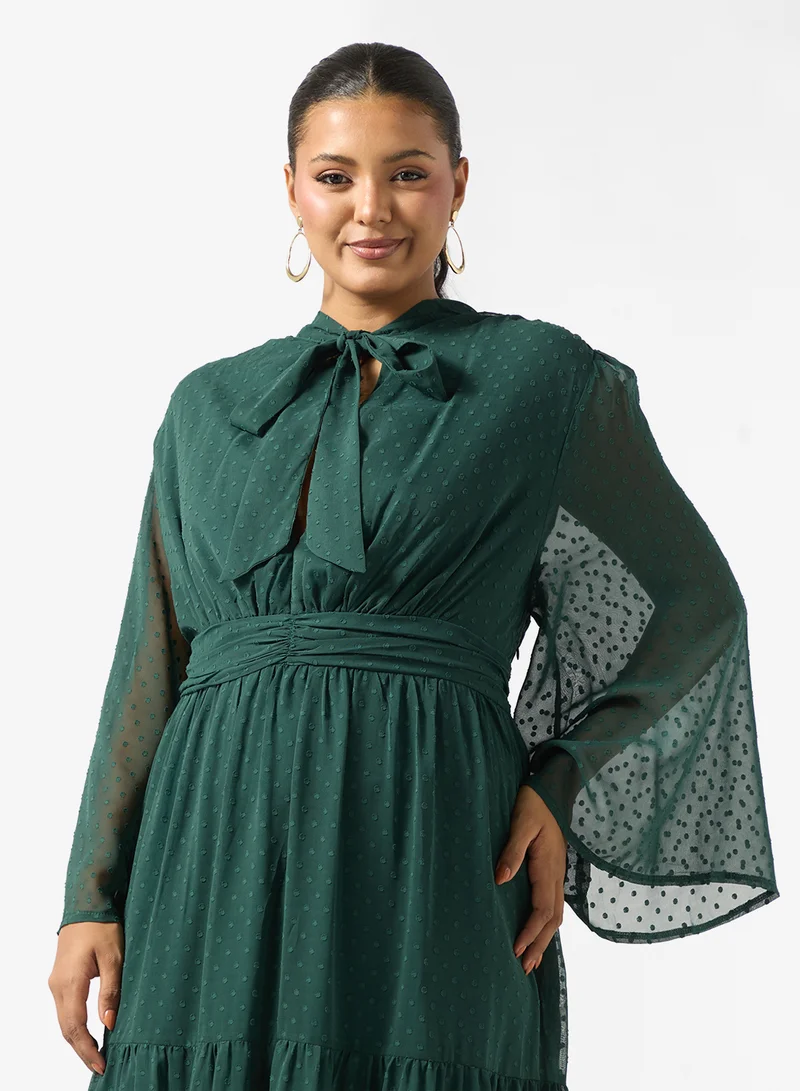 Khizana  Plus Size A-line Tiered Dress With Neck Tie Detail for Women | Best Price UAE