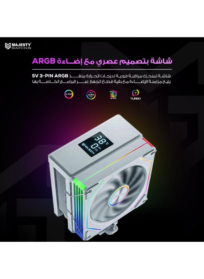 Majesty 6 Heat Pipes CPU Air Cooler with Digital Display, 120mm Hydraulic ARGB Fan, Low Noise 30dBA, 220W Heat Dissipation, Compatible with Intel LGA1700 & AMD AM5 - White - Image 3