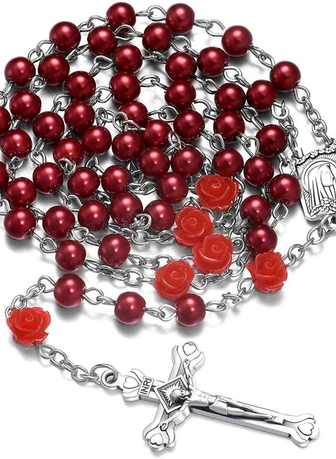 SZQCZB Rosary Beads Catholic Necklace Holy Soil Medal Cross Crucifix with Metal Box and 18pcs Prayer Cards-Red - Image 2