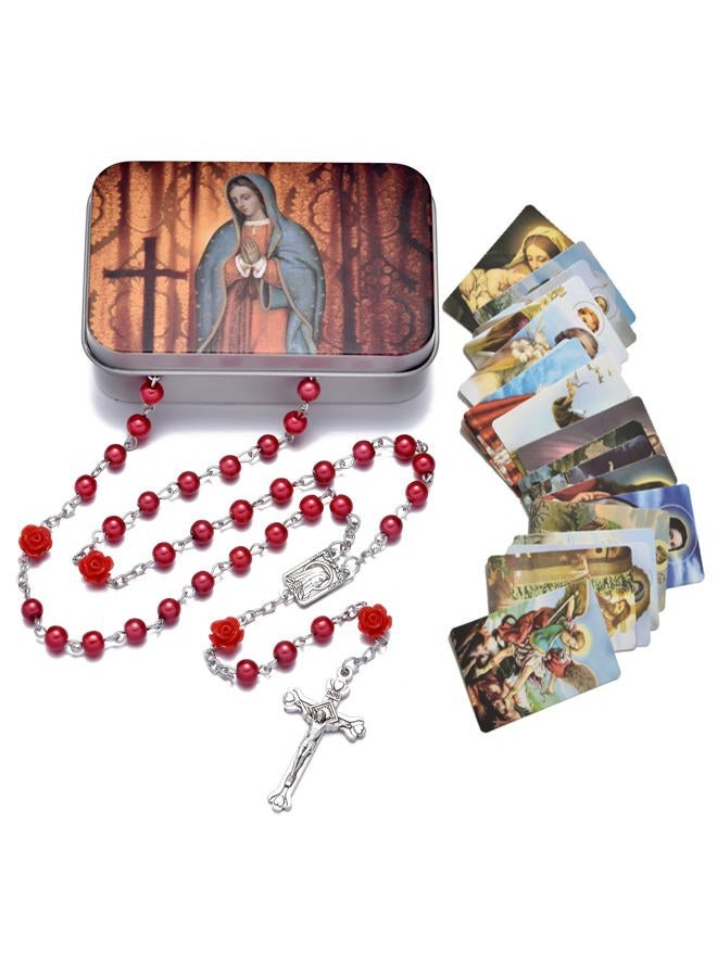 SZQCZB Rosary Beads Catholic Necklace Holy Soil Medal Cross Crucifix with Metal Box and 18pcs Prayer Cards-Red - Image 1