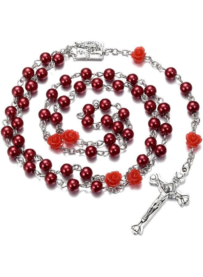 SZQCZB Rosary Beads Catholic Necklace Holy Soil Medal Cross Crucifix with Metal Box and 18pcs Prayer Cards-Red - Image 3