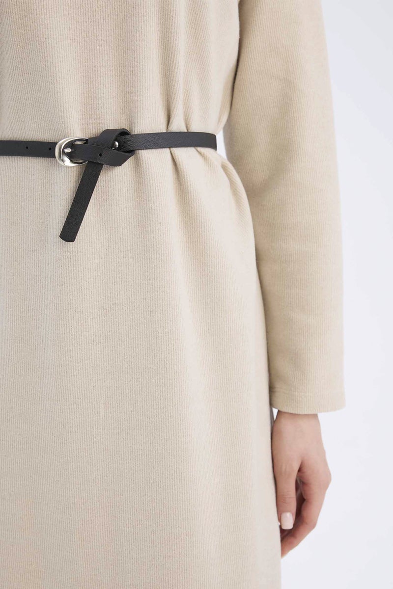 DeFacto Woman Regular Fit Crew Neck Belted Selanik Fabric Maxi Dress - Image 2